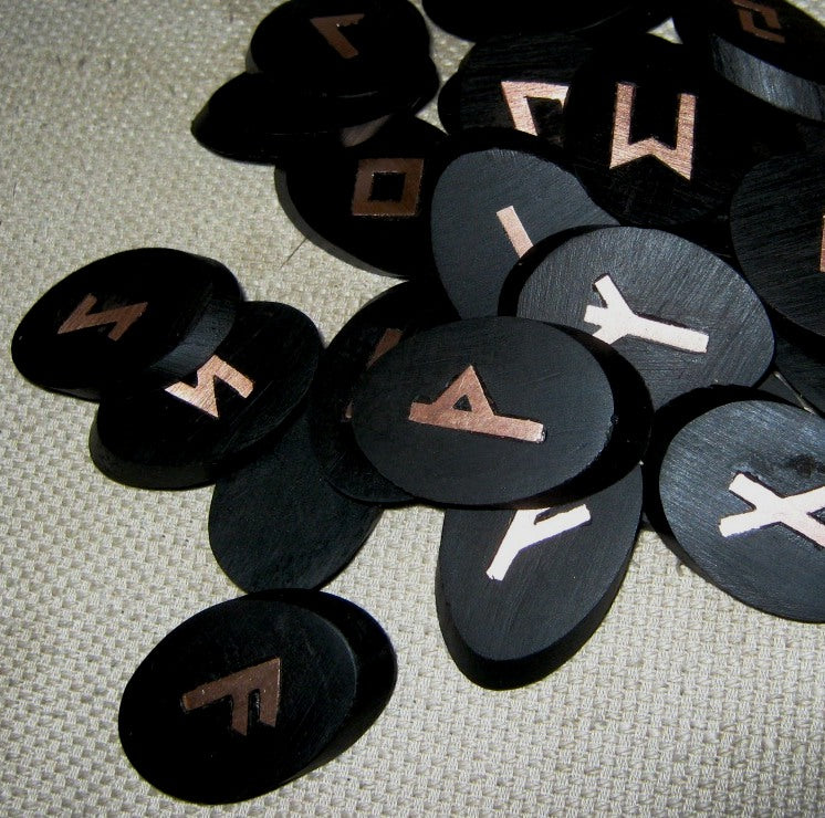 ebony runes elder futhark runes in copper imbedded in African wood