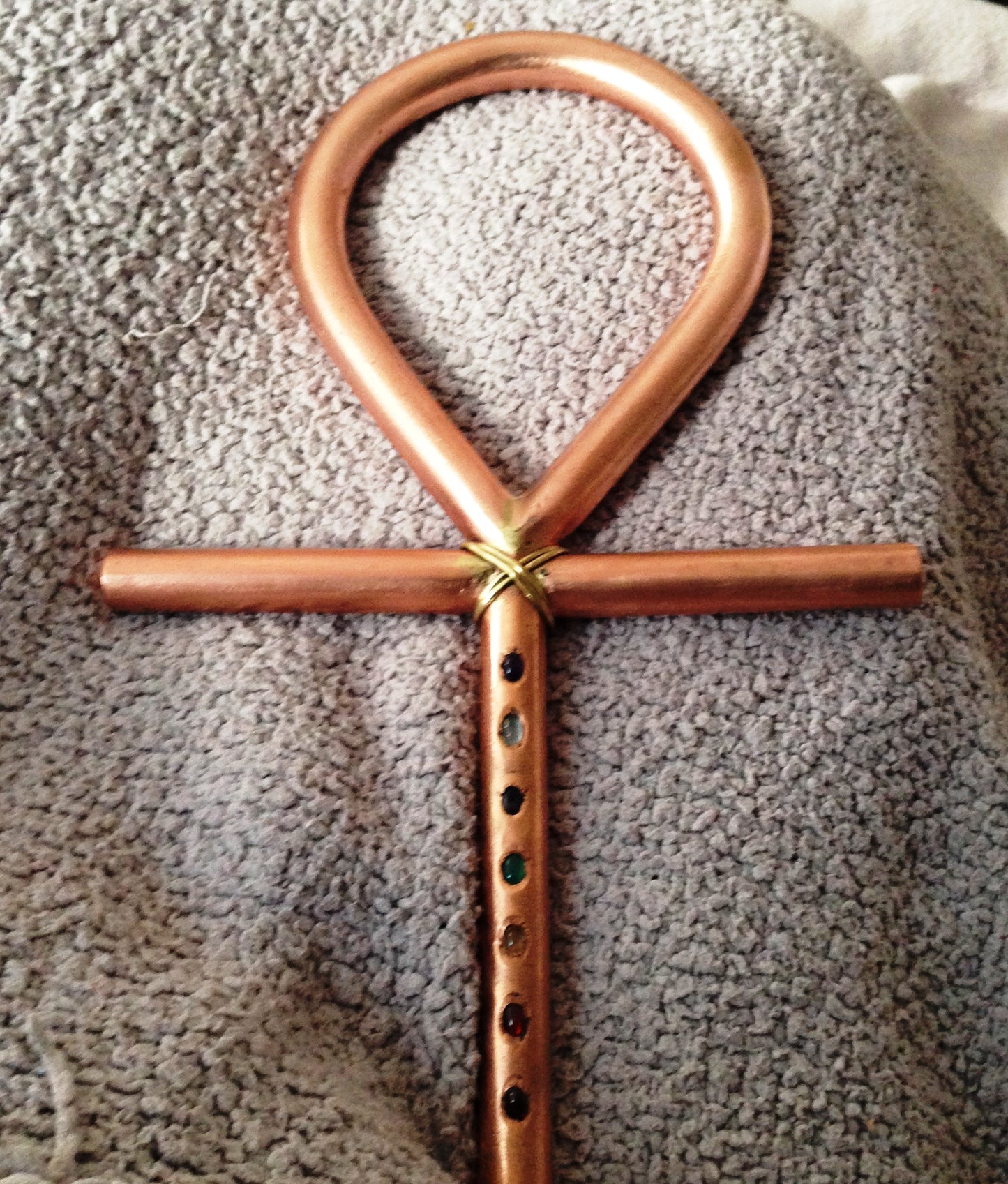 Large solid copper ankh with chakra stones