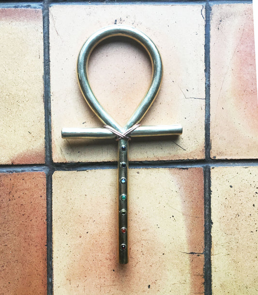 Large brass African Egyptian ankh with chakra stones