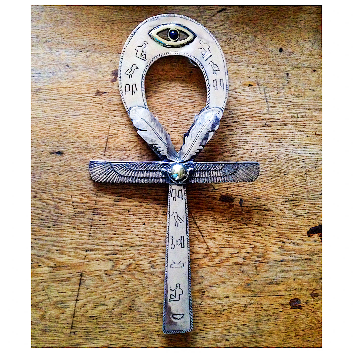 Large solid silver African Ankh with wings of Ma'at