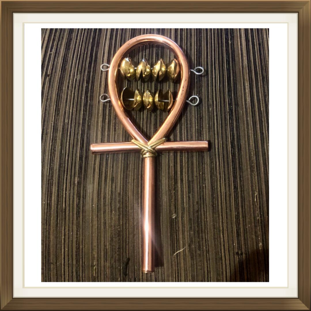 Brass and copper sistrum, African ankh, Sound therapy tool